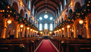 A photograph of a beautifully decorated church interior featuring warm