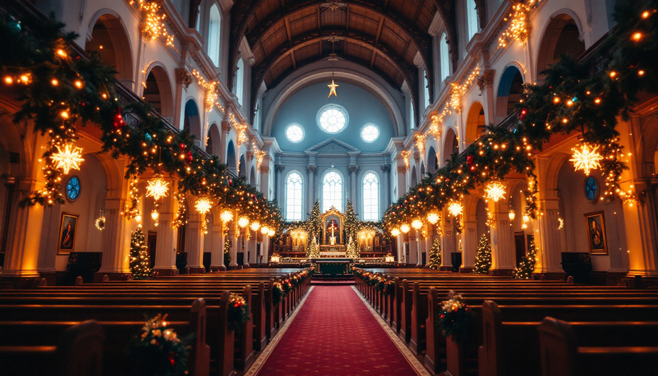 A photograph of a beautifully decorated church interior featuring warm
