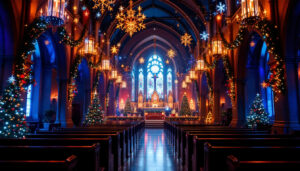 A photograph of a beautifully decorated church interior featuring vibrant led displays that highlight various christmas themes