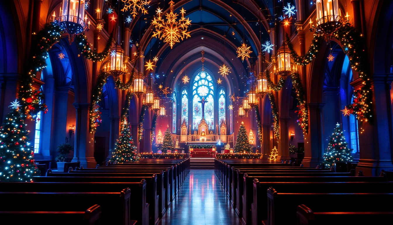 A photograph of a beautifully decorated church interior featuring vibrant led displays that highlight various christmas themes