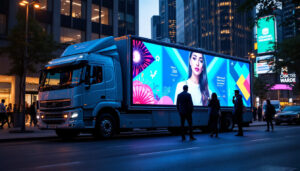 A photograph of capture a photograph of a vibrant digital mobile billboard truck parked in an urban setting