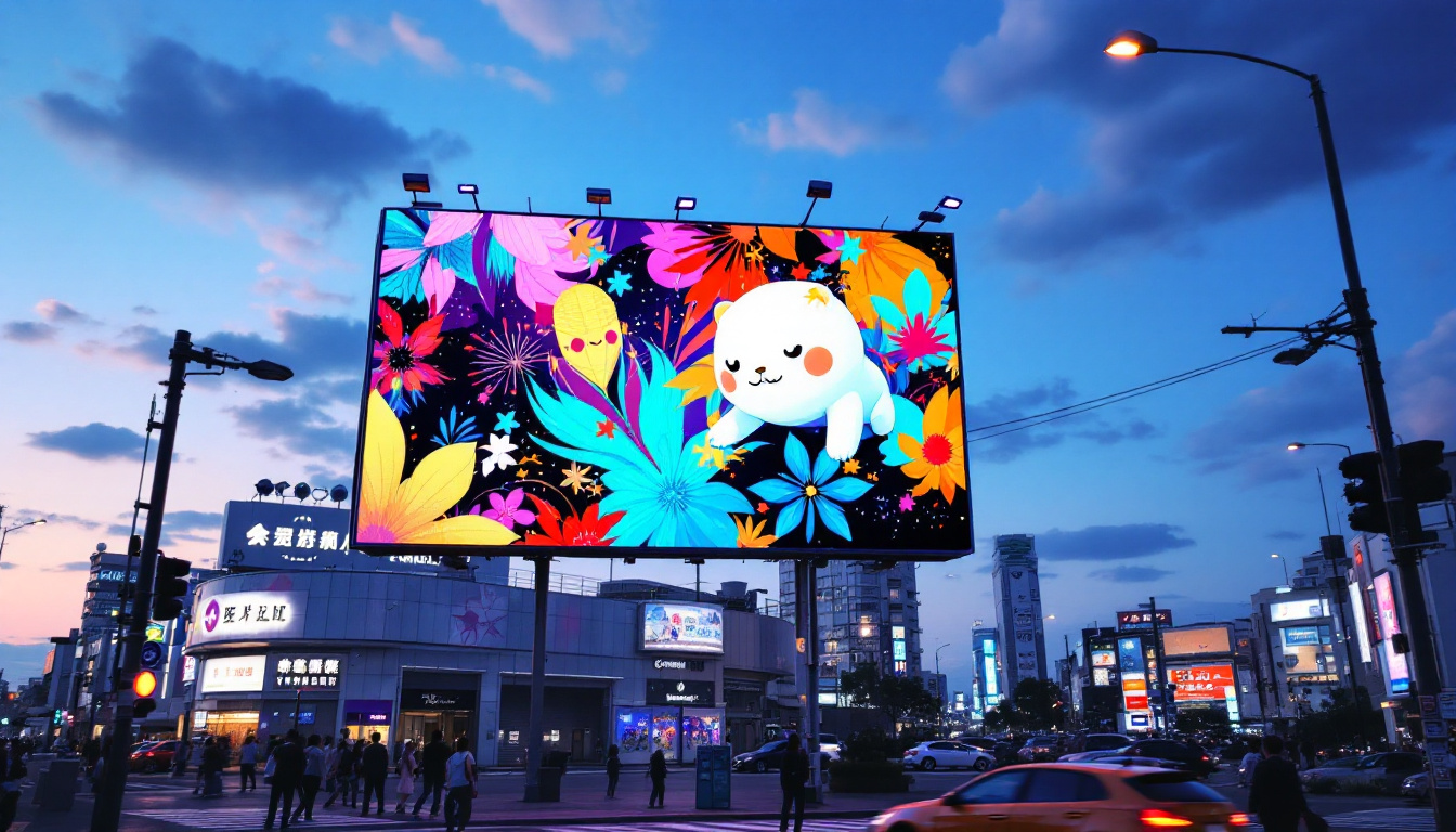 A photograph of capture a photograph of a vibrant 3d led billboard in an urban japanese setting