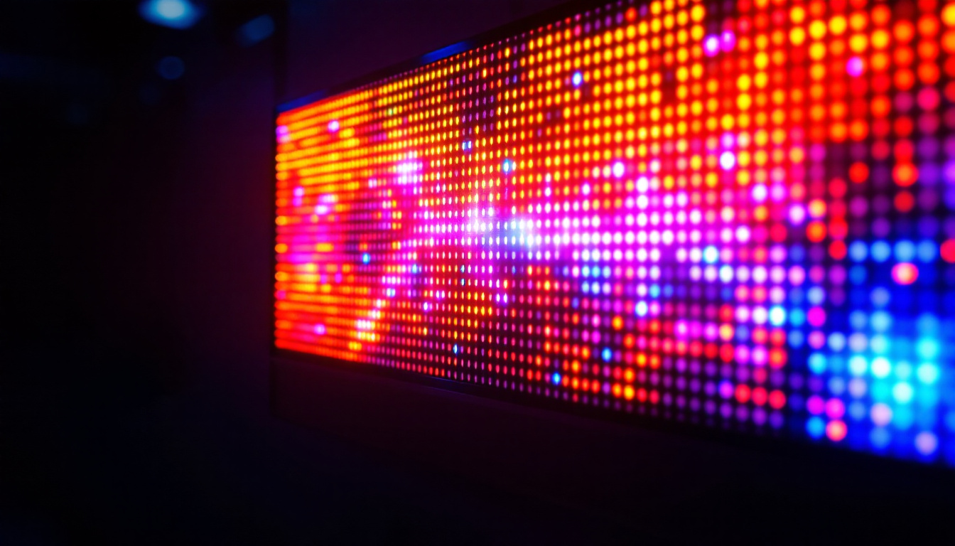 A photograph of a vibrant led display in a dimly lit environment