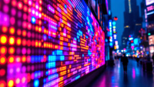 A photograph of a vibrant led display in an urban setting