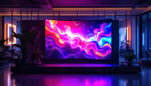 A photograph of a vibrant ultra-thin flexible led screen displaying dynamic visuals in a modern setting
