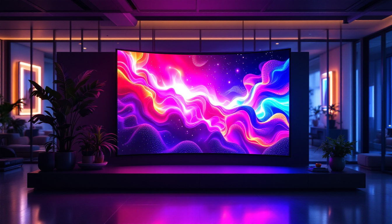 A photograph of a vibrant ultra-thin flexible led screen displaying dynamic visuals in a modern setting