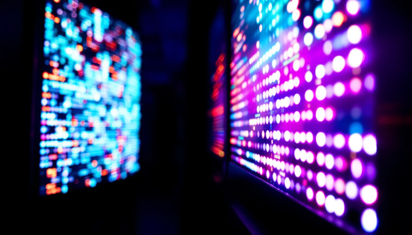 A photograph of a vibrant led display in a low-light environment