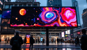 A photograph of capture a photograph of a vibrant 5d led billboard in an urban setting