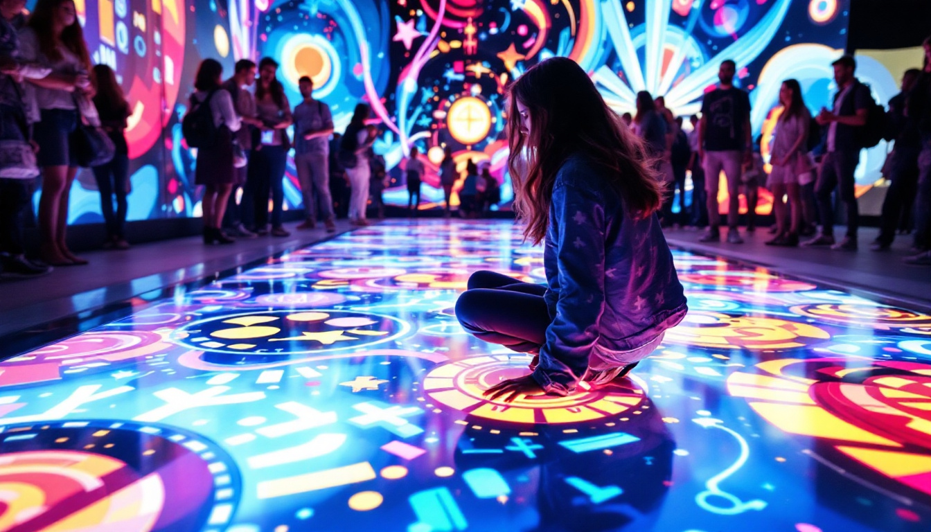 A photograph of capture a photograph of a vibrant led interactive floor in action