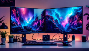 A photograph of a sleek double monitor stand setup featuring two led displays