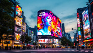 A photograph of capture a photograph of a vibrant urban scene in japan showcasing a large led billboard displaying dynamic advertisements