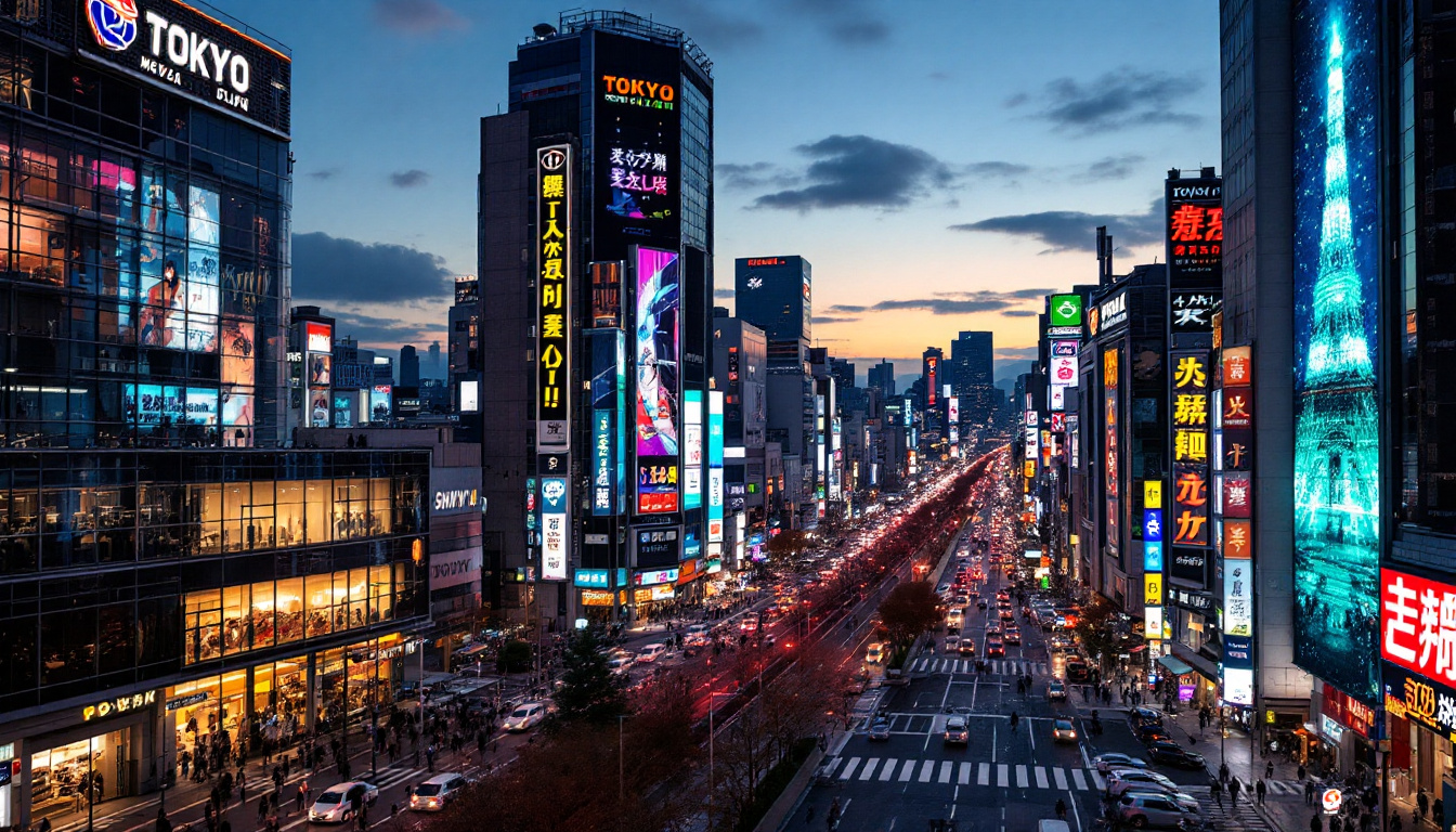 A photograph of capture a photograph of the vibrant tokyo skyline at dusk
