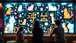 A photograph of capture a photograph of the vibrant led display at cat cafe shinjuku