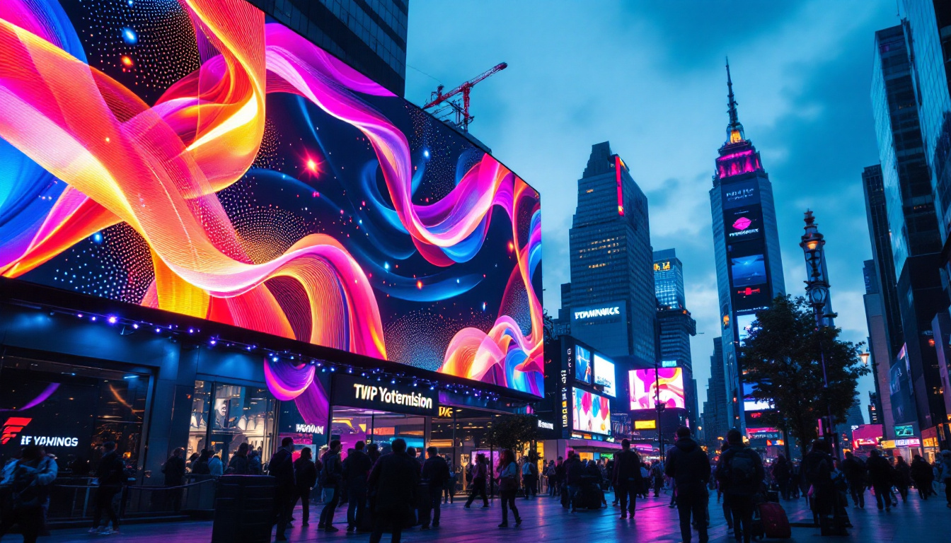 A photograph of a vibrant led display screen in an urban setting