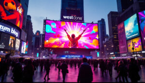 A photograph of a vibrant led jumbotron display in a bustling outdoor setting