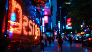 A photograph of capture a photograph of a vibrant outdoor led sign displaying dynamic graphics or text in a bustling urban environment