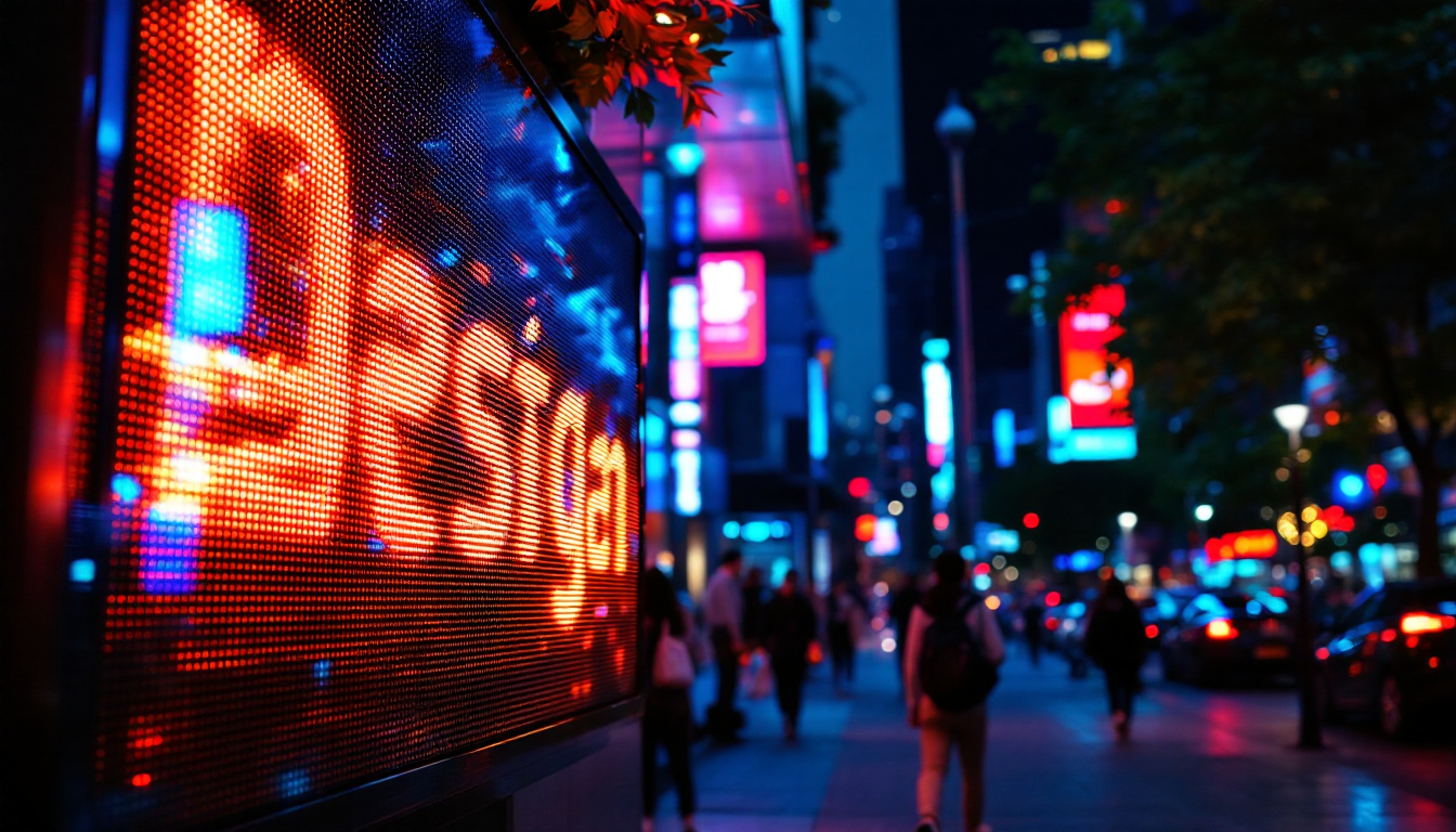A photograph of capture a photograph of a vibrant outdoor led sign displaying dynamic graphics or text in a bustling urban environment