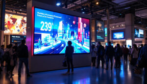 A photograph of a vibrant led information display board in a bustling public space