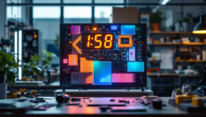 A photograph of a vibrant diy led display screen in a well-lit workshop setting