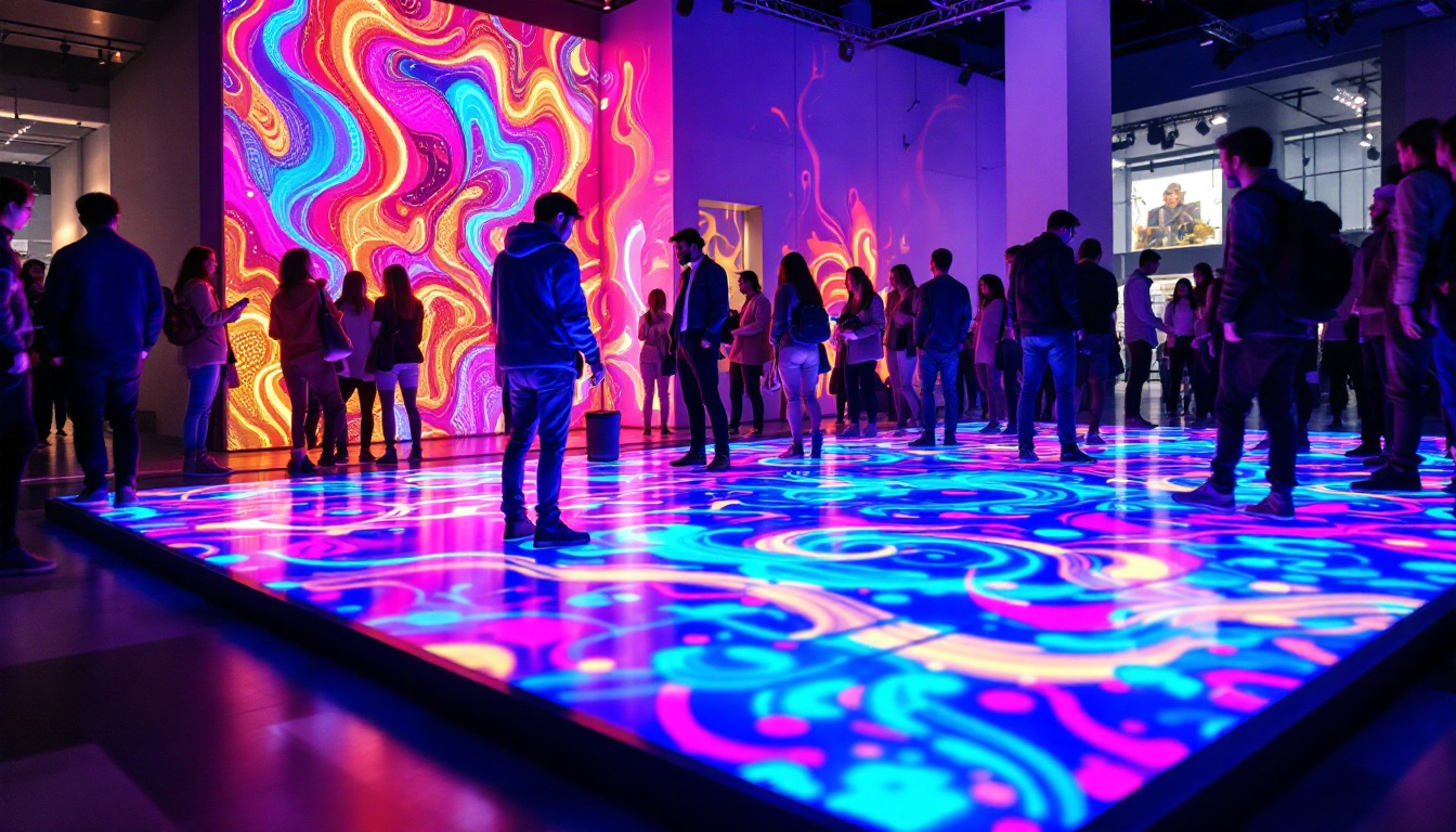 A photograph of capture a photograph of a vibrant led floor panel display in a dynamic setting