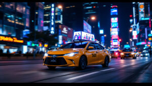 A photograph of a vibrant taxi driving through a bustling city street at night