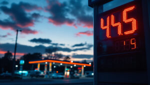 A photograph of a vibrant led gas price sign at dusk