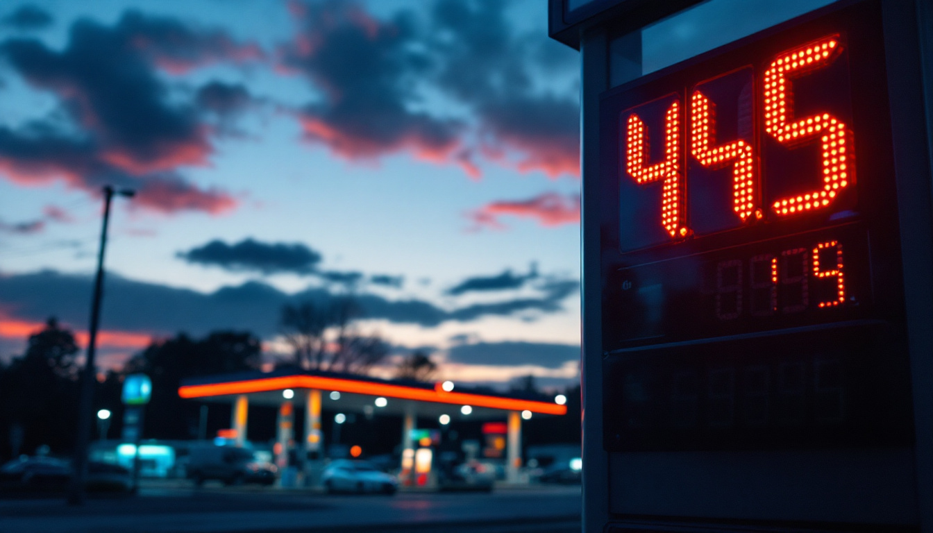 A photograph of a vibrant led gas price sign at dusk