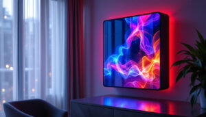 A photograph of capture a photograph of a sleek xr cabinet featuring a vibrant led display in a modern setting