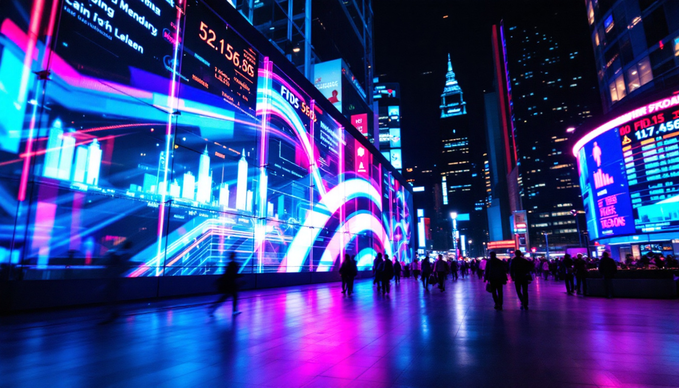 A photograph of a vibrant led display in a bustling urban setting