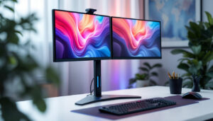 A photograph of capture a photograph of a sleek dual monitor stand setup featuring vibrant led displays