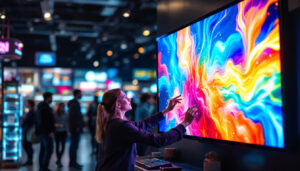 A photograph of capture a photograph of a vibrant commercial display monitor in a dynamic retail environment