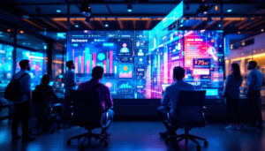 A photograph of a vibrant led display screen in a modern business environment