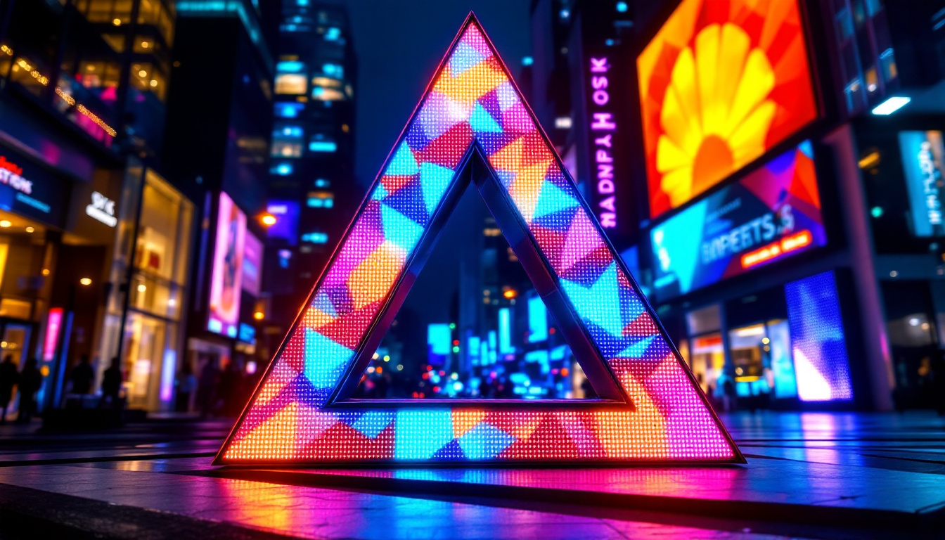 A photograph of a vibrant triangle-shaped led display in an urban setting