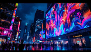 A photograph of a vibrant led display in a dynamic urban setting