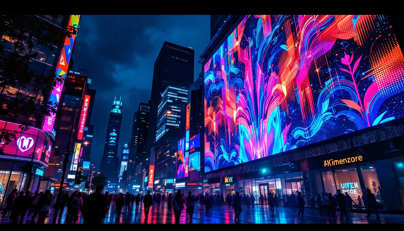 A photograph of a vibrant led display in a dynamic urban setting