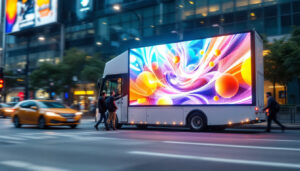 A photograph of capture a photograph of a vibrant mobile billboard featuring a dynamic led display in an urban setting