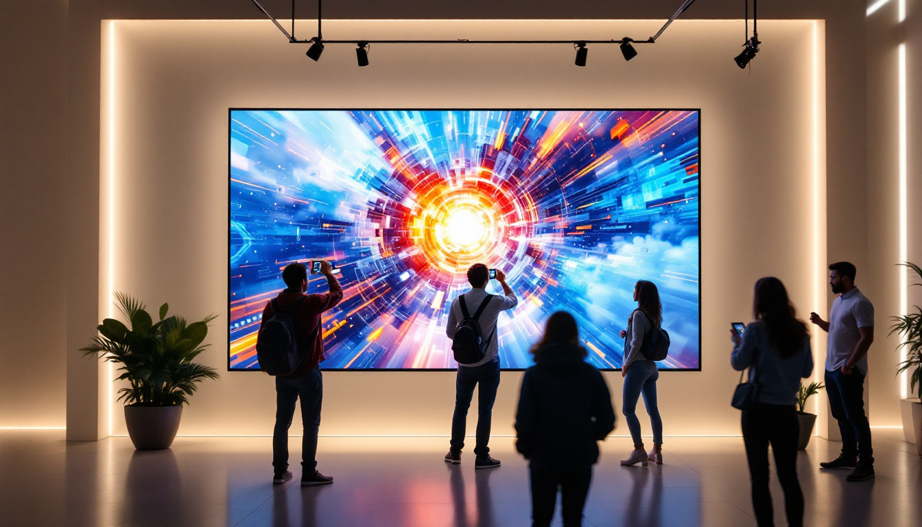 A photograph of a vibrant white led screen displaying dynamic visuals