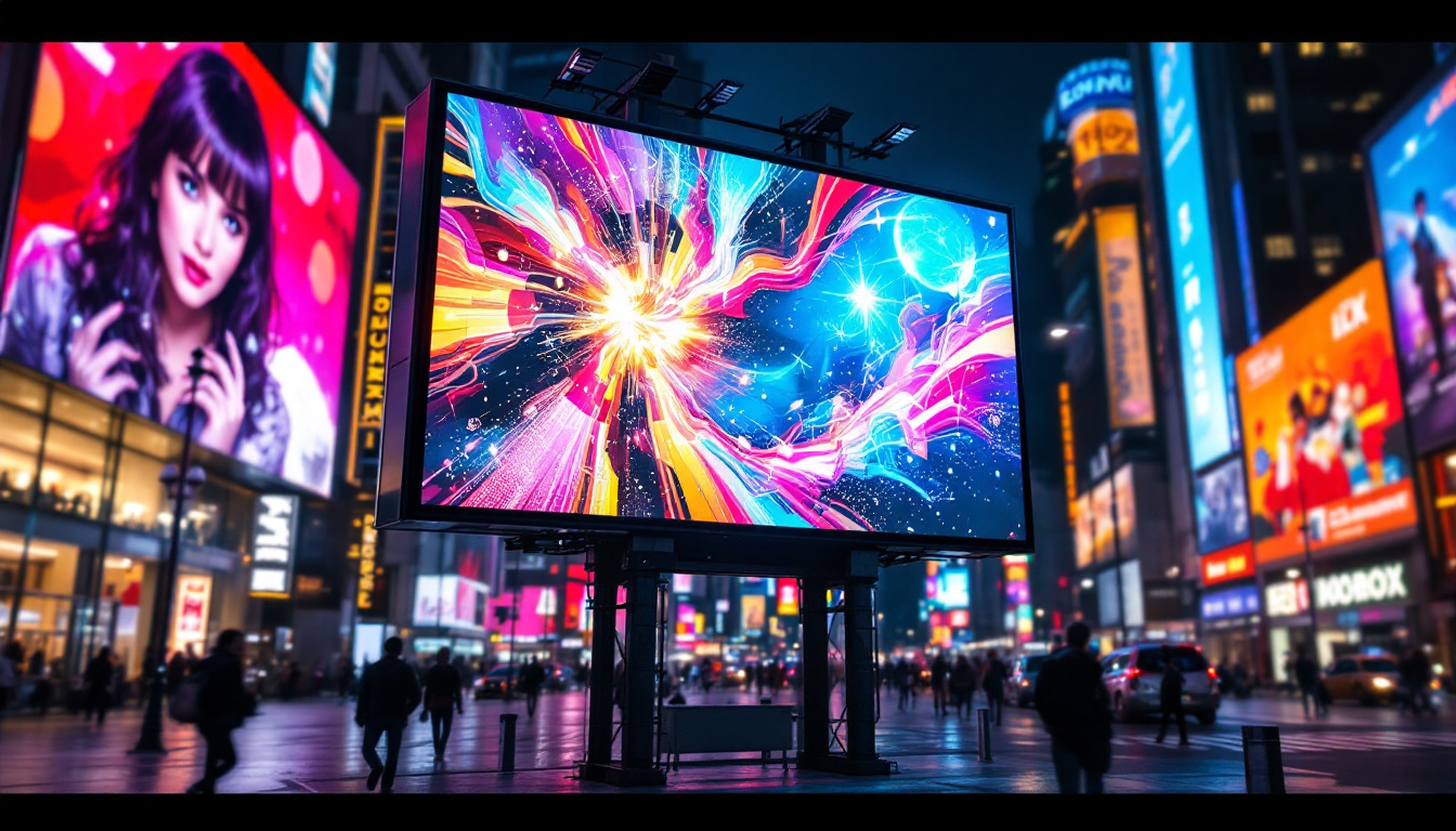 A photograph of a vibrant outdoor led display screen showcasing dynamic advertisements or captivating visuals in a bustling urban environment
