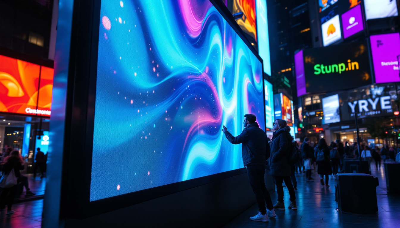 A photograph of a vibrant urban setting featuring a large led advertising screen displaying dynamic visuals
