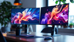 A photograph of a sleek dual monitor stand setup featuring vibrant led displays in a modern workspace