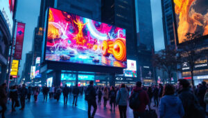 A photograph of capture a photograph of a vibrant large format led display in an urban setting