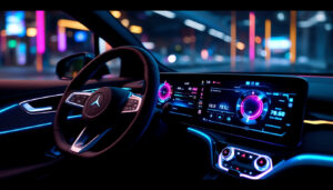 A photograph of capture a photograph of a modern car interior featuring a vibrant led display panel
