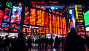 A photograph of a vibrant stock led ticker display in a bustling financial district