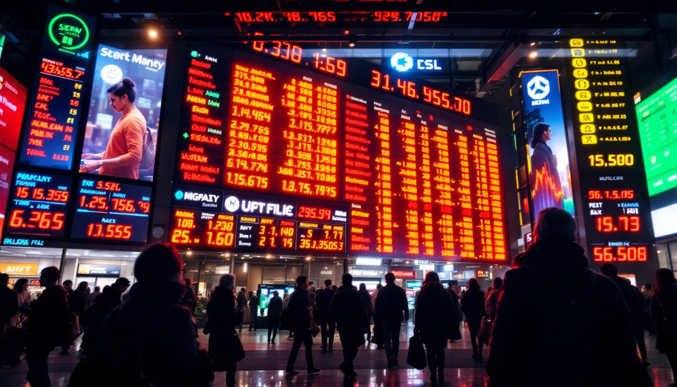 A photograph of a vibrant stock led ticker display in a bustling financial district