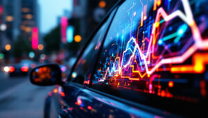 A photograph of a vibrant car window display screen showcasing dynamic led graphics
