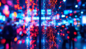 A photograph of a vibrant led display showcasing dynamic visuals in a retail environment