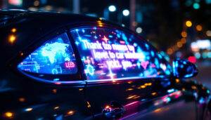 A photograph of a sleek car with its windows illuminated by vibrant led displays