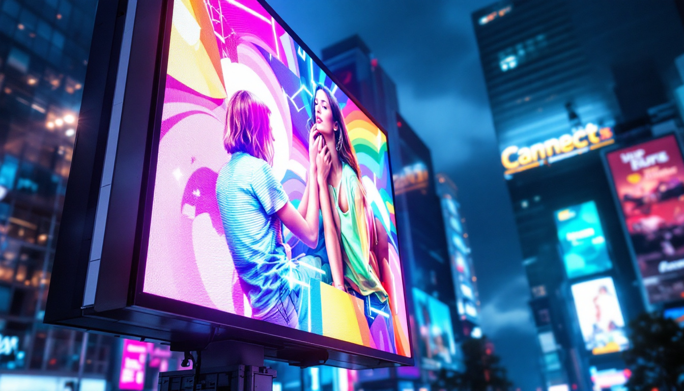 A photograph of a vibrant led billboard displaying dynamic advertisements in an urban setting