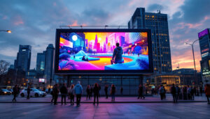 A photograph of a vibrant led billboard in an urban setting at dusk