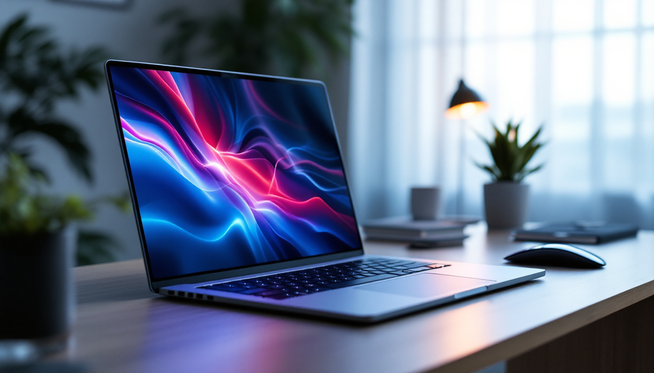 A photograph of a sleek laptop with its led display illuminated